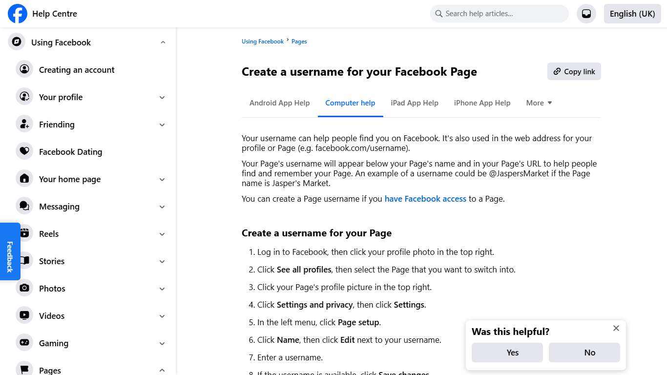 Create a username for your Facebook Page Facebook Help Centre